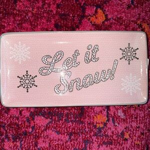 PINK let it snow Rectangular Serving Platter Plate Peppermint and Pine dish